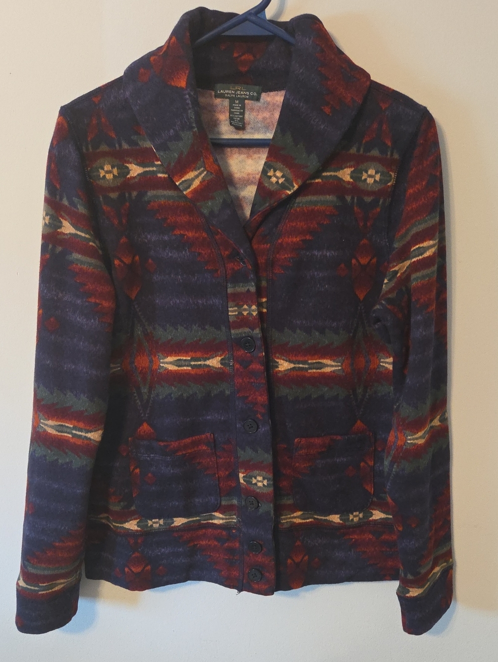 Lauren Ralph Lauren Jacket Women's Medium Aztec Navy Cotton Blend Pockets